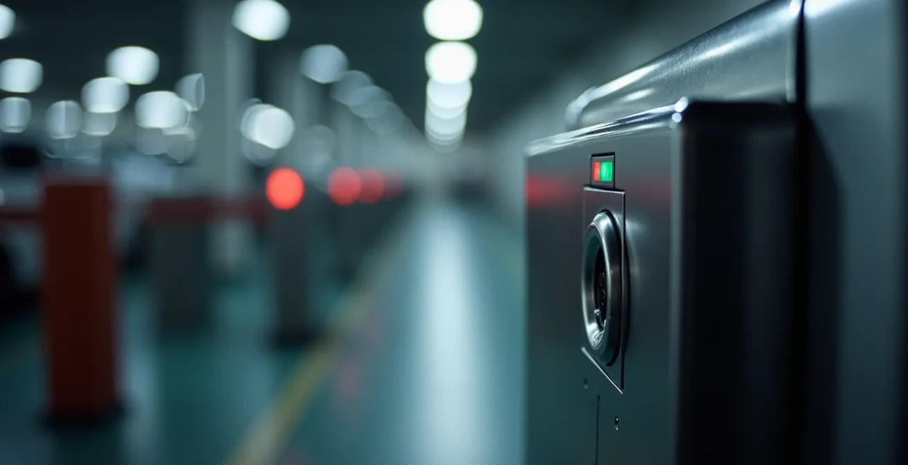 Gros plan sur système de contrôle d'accès avec badge et barrière automatique