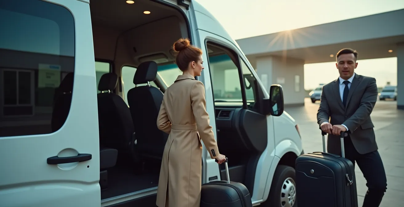 Passagers montant dans une navette moderne devant terminal aéroport