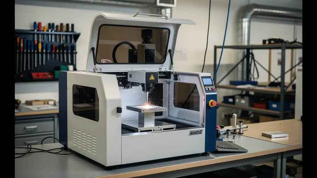 Machine de marquage laser industriel en fonctionnement dans un atelier organisé