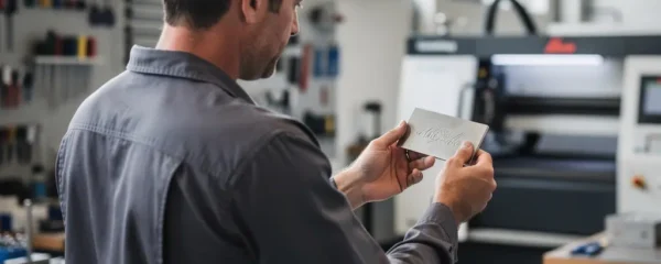 Technicien inspectant une pièce métallique marquée au laser dans un atelier industriel