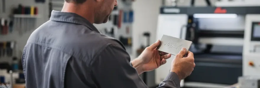 Technicien inspectant une pièce métallique marquée au laser dans un atelier industriel