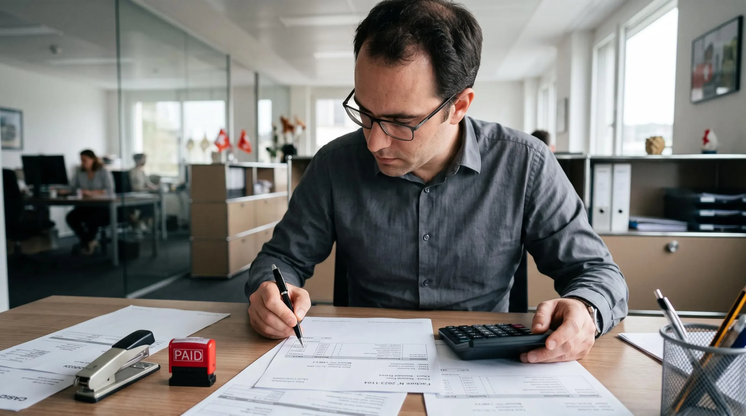 Comptable vérifiant des factures clients avec une calculatrice et pointant une ligne de chiffres avec un stylo