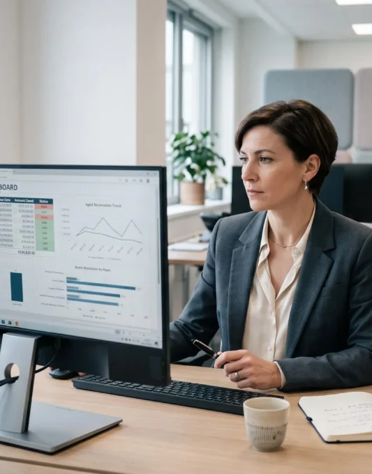 Responsable financière analysant un tableau de bord de suivi des encours clients sur écran d'ordinateur dans un bureau d'entreprise moderne