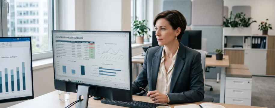 Responsable financière analysant un tableau de bord de suivi des encours clients sur écran d'ordinateur dans un bureau d'entreprise moderne