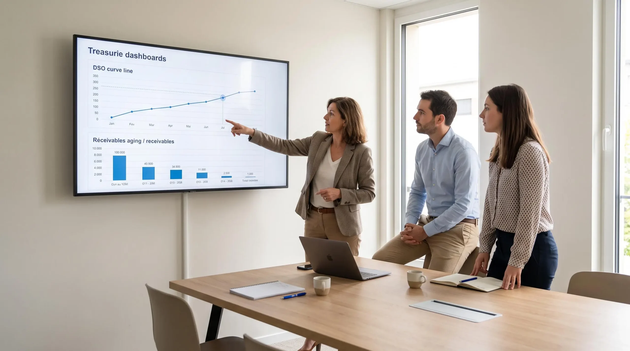 Réunion d'équipe financière analysant collaborativement des graphiques de trésorerie et d'encours clients sur écran mural