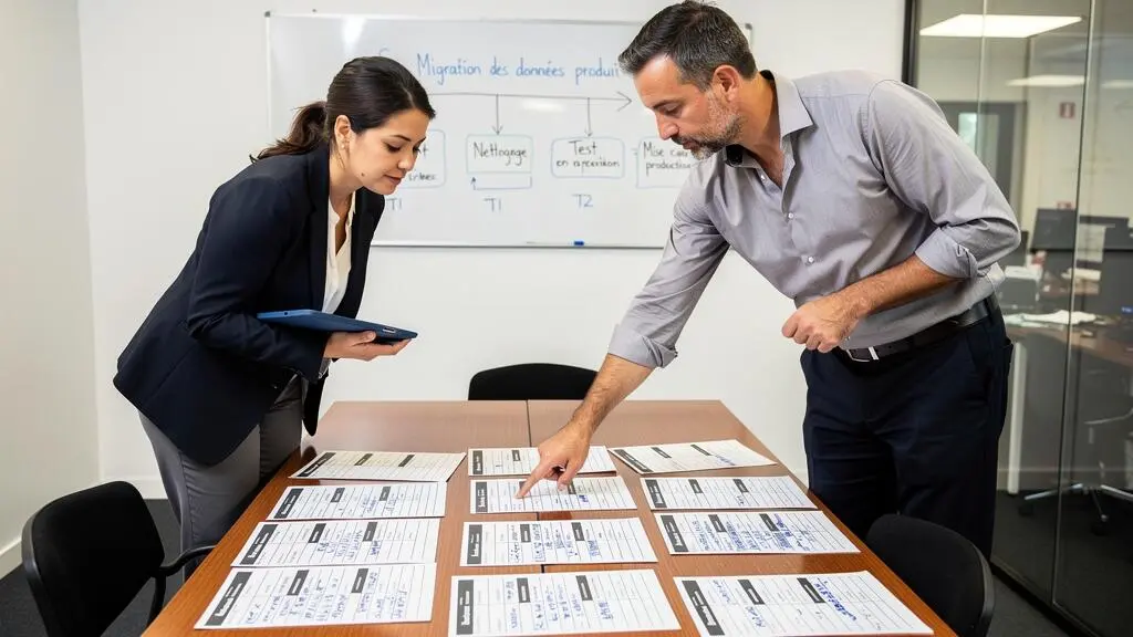Deux membres d'une équipe projet examinent ensemble des fiches d'audit de données produits imprimées posées sur une table de réunion.