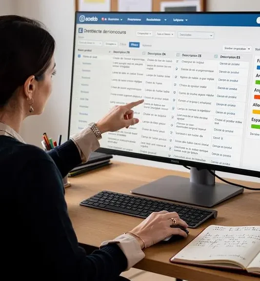 Une responsable de données produits consulte un catalogue multilingue structuré en colonnes par langue sur un grand écran au bureau.
