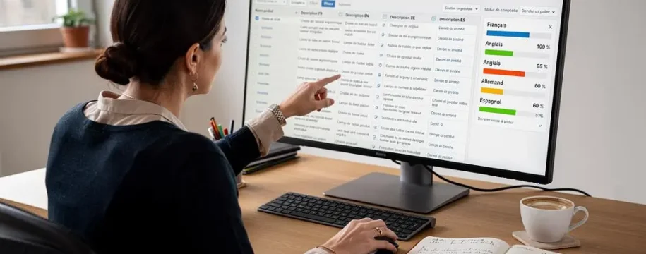 Une responsable de données produits consulte un catalogue multilingue structuré en colonnes par langue sur un grand écran au bureau.